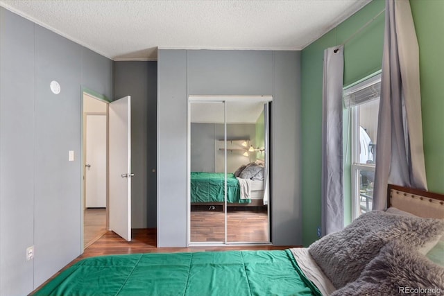 110 Evans Ave, Poncha Springs, CO 81242 - bedroom featuring a closet, wood finished floors, a textured ceiling, and ornamental molding
