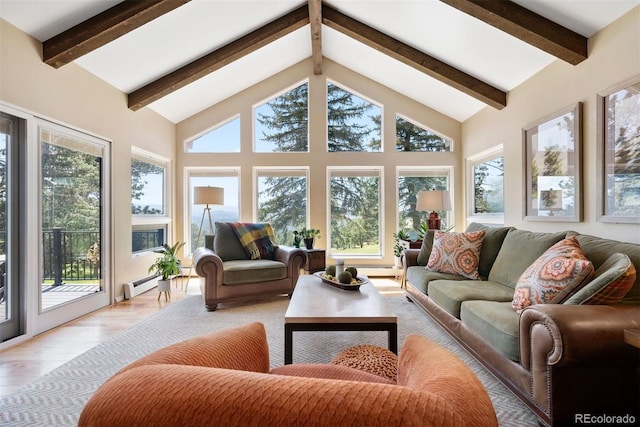 1555 Genesee Ridge Rd, Golden, CO 80401 - living area with a baseboard radiator, beam ceiling, light wood-style floors, and high vaulted ceiling