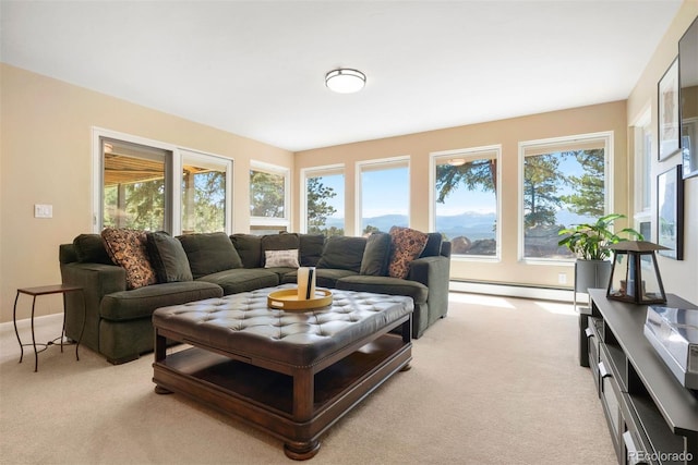 1555 Genesee Ridge Rd, Golden, CO 80401 - living area featuring light carpet and a baseboard heating unit