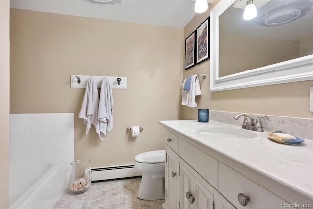 1555 Genesee Ridge Rd, Golden, CO 80401 - full bathroom with baseboard heating, vanity, a bath, and tile patterned floors