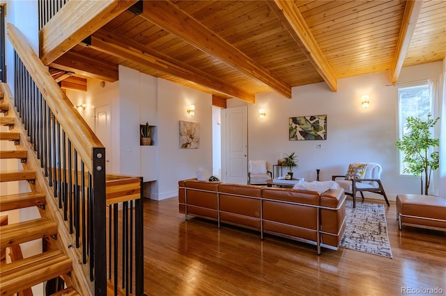 living room with dark wood-type flooring, beamed ceiling, and wood ceiling