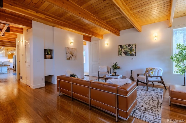 living room with hardwood / wood-style floors, beam ceiling, and wooden ceiling