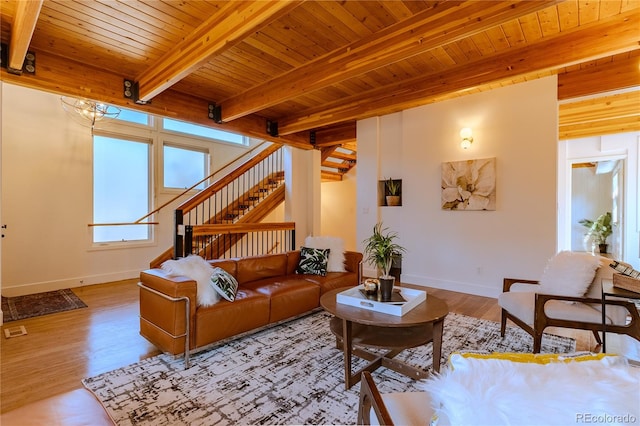 living room with light wood-type flooring, wood ceiling, and beam ceiling