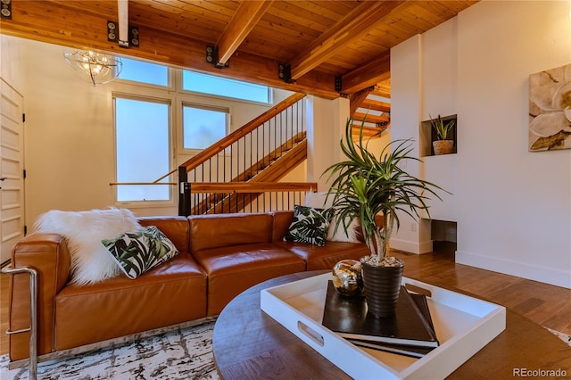 living room featuring hardwood / wood-style floors, a wealth of natural light, beam ceiling, and wooden ceiling