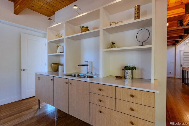 kitchen with dark wood-type flooring, beamed ceiling, wood ceiling, and sink