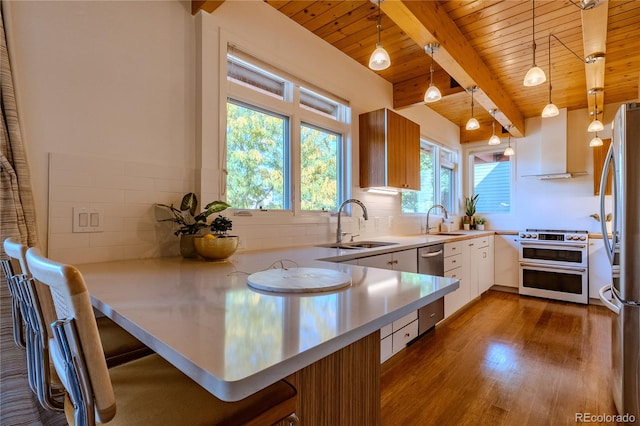 kitchen featuring stainless steel appliances, decorative light fixtures, sink, hardwood / wood-style flooring, and white cabinets