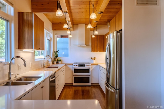 kitchen with stainless steel appliances, white cabinetry, sink, hanging light fixtures, and exhaust hood