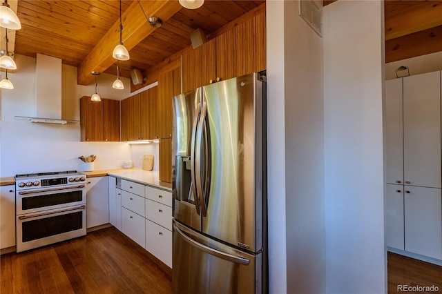 kitchen with stainless steel appliances, white cabinetry, extractor fan, dark hardwood / wood-style floors, and hanging light fixtures