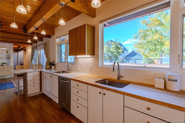 kitchen featuring white cabinetry, hanging light fixtures, sink, and stainless steel dishwasher