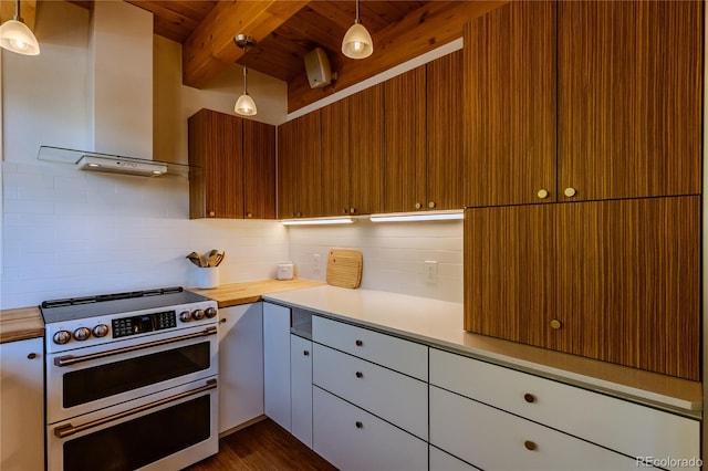 kitchen featuring beamed ceiling, wood ceiling, range with two ovens, pendant lighting, and dark hardwood / wood-style flooring