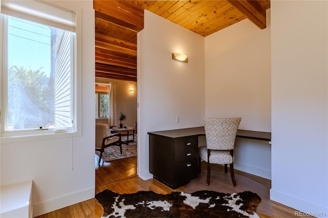 home office with hardwood / wood-style floors, lofted ceiling with beams, and wooden ceiling