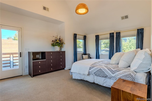 bedroom featuring access to exterior, light carpet, and multiple windows