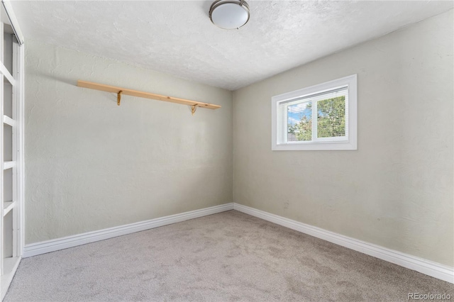 spare room featuring light colored carpet and a textured ceiling