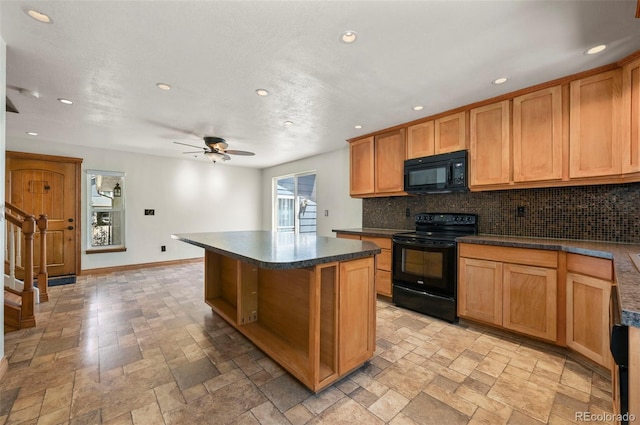 8679 Apache Plume Dr, Parker, CO 80134 - kitchen featuring black appliances, open shelves, backsplash, recessed lighting, and dark countertops