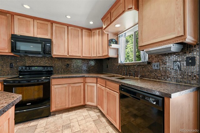 8679 Apache Plume Dr, Parker, CO 80134 - kitchen featuring black appliances, a sink, dark countertops, decorative backsplash, and recessed lighting