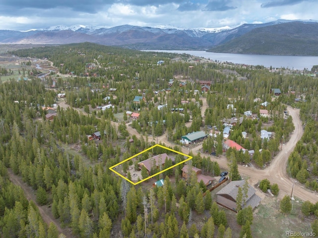675 Gcr 462, Grand Lake, CO 80447 - aerial overview of property's location with a water and mountain view, property boundaries highlighted, and a heavily wooded area