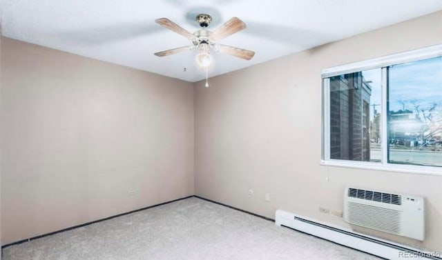 unfurnished room featuring a baseboard radiator, ceiling fan, a wall mounted AC, and light carpet