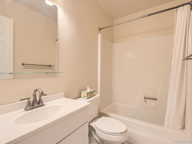 bathroom with toilet, shower / bath combination with curtain, and vanity