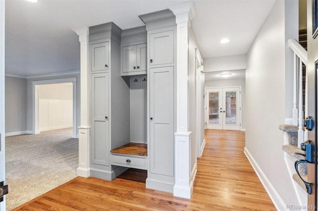 8132 Lodgepole Trl, Lone Tree, CO 80124 - mudroom with baseboards, french doors, recessed lighting, and light wood-style flooring