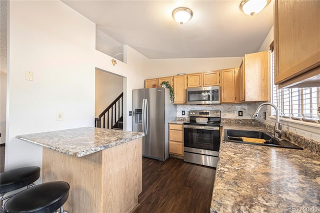 4362 Nepal St, Denver, CO 80249 - kitchen with appliances with stainless steel finishes, a peninsula, dark wood-type flooring, vaulted ceiling, and a kitchen bar