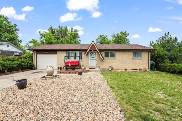 12167 E Exposition Ave, Aurora, CO 80012 - ranch-style home featuring a garage, brick siding, concrete driveway, and a front lawn