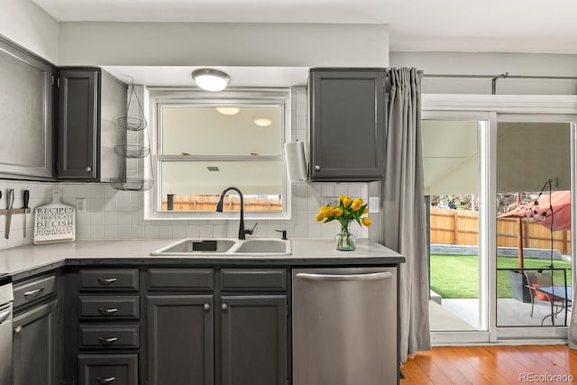 kitchen with dishwasher, light wood-style floors, tasteful backsplash, and a sink