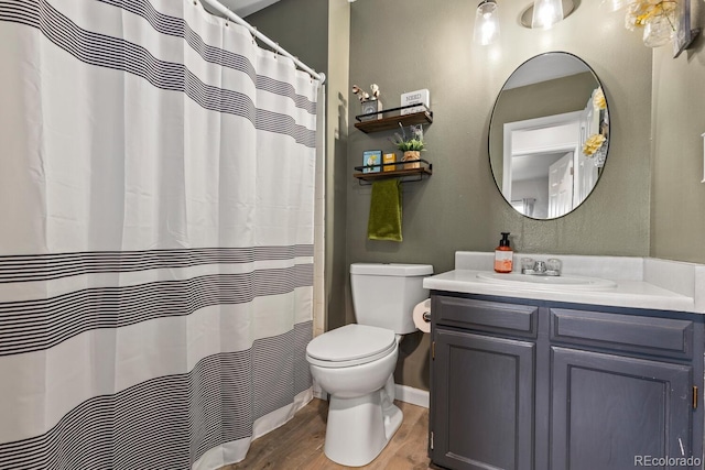 bathroom featuring toilet, vanity, and wood finished floors