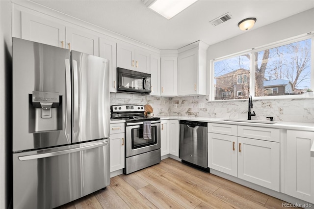 kitchen with decorative backsplash, stainless steel appliances, white cabinetry, and sink