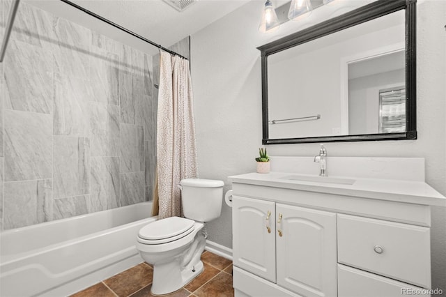 full bathroom featuring a textured ceiling, vanity, shower / bathtub combination with curtain, tile patterned flooring, and toilet