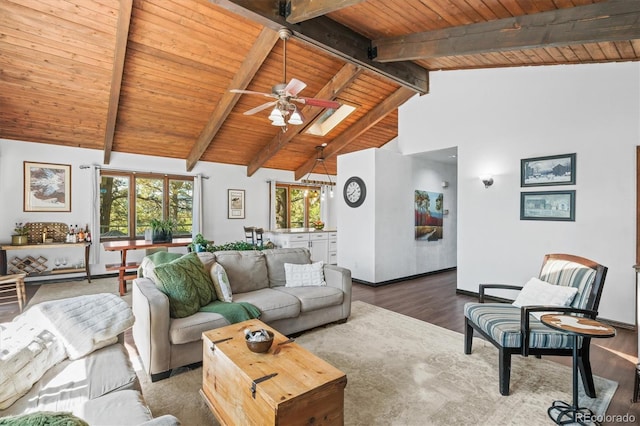 living room with wooden ceiling, beamed ceiling, ceiling fan, a skylight, and dark hardwood / wood-style flooring