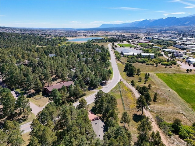 bird's eye view featuring a water and mountain view