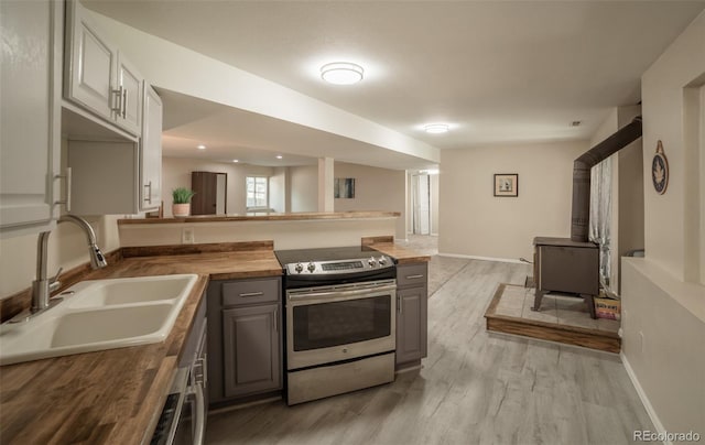 11030 Pine Meadows Rd, Colorado Springs, CO 80908 - kitchen featuring stainless steel electric stove, wood counters, a peninsula, a wood stove, and light wood-style floors