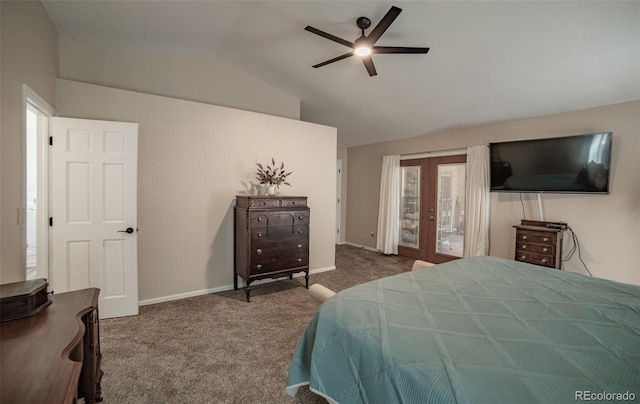 11030 Pine Meadows Rd, Colorado Springs, CO 80908 - carpeted bedroom with vaulted ceiling, access to outside, and a ceiling fan