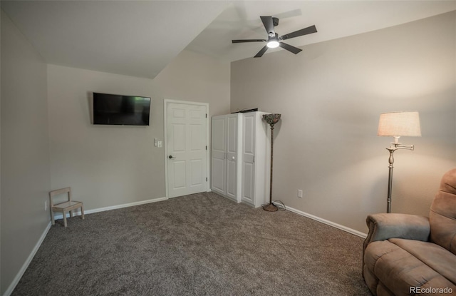 11030 Pine Meadows Rd, Colorado Springs, CO 80908 - sitting room featuring carpet, vaulted ceiling, and ceiling fan