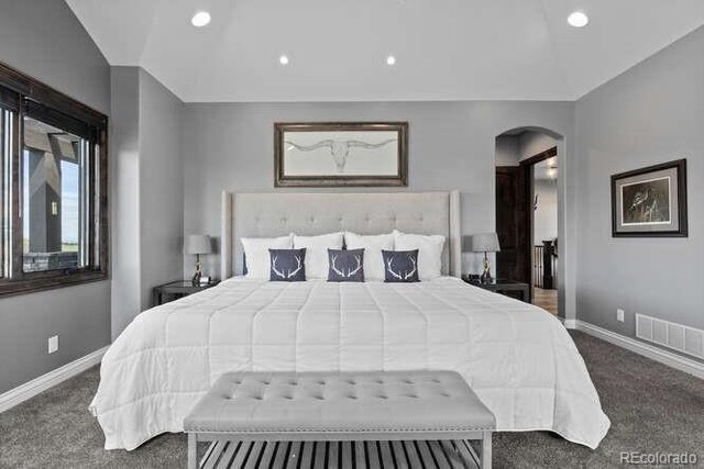 15295 E Cherry Creek S Road, Larkspur, CO 80118 - carpeted bedroom featuring arched walkways, baseboards, and recessed lighting