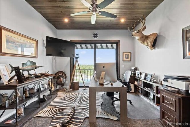 15295 E Cherry Creek S Road, Larkspur, CO 80118 - office with wooden ceiling, ceiling fan, and carpet