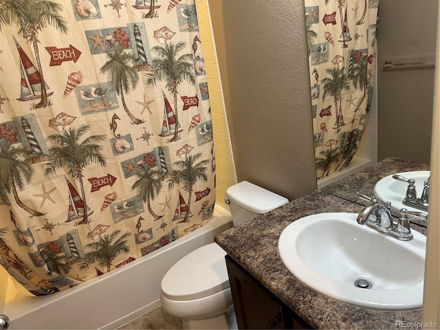 4746 Raven Run, Broomfield, CO 80023 - bathroom with shower / bath combo, a textured wall, toilet, and vanity