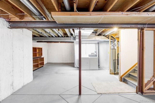 2040 S Xenia Way, Denver, CO 80231 - unfinished basement featuring independent washer and dryer, gas water heater, and stairway