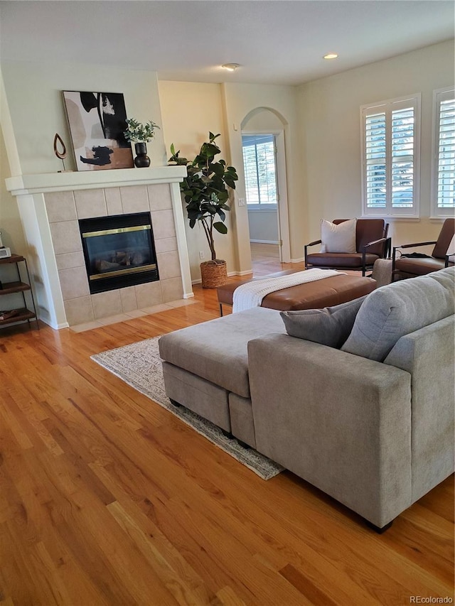 living room featuring a tiled fireplace and light hardwood / wood-style flooring