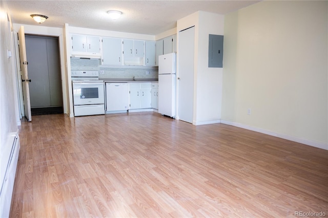 1302 S Parker Rd Unit 134, Denver, CO 80231 - kitchen featuring white appliances, electric panel, a baseboard radiator, under cabinet range hood, and light wood-style floors