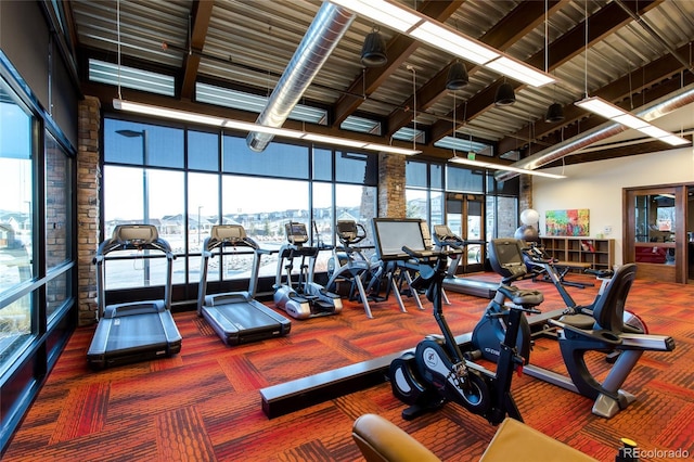 gym with plenty of natural light, carpet flooring, and a towering ceiling