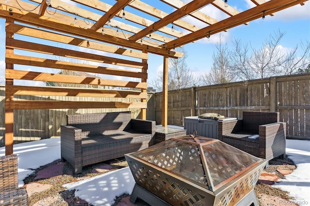 wooden terrace with an outdoor living space, a pergola, and a patio