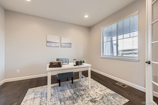 office area featuring baseboards, plenty of natural light, recessed lighting, and dark wood-style floors