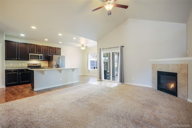 kitchen featuring lofted ceiling, stainless steel appliances, a fireplace, a kitchen breakfast bar, and a kitchen island with sink