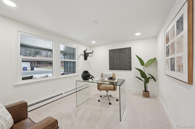 carpeted office featuring baseboards, baseboard heating, and recessed lighting