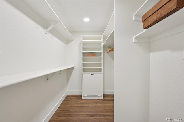 walk in closet with dark wood-style flooring