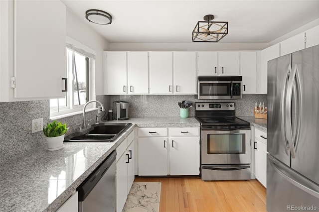 kitchen featuring sink, stainless steel appliances, light hardwood / wood-style floors, decorative backsplash, and white cabinets