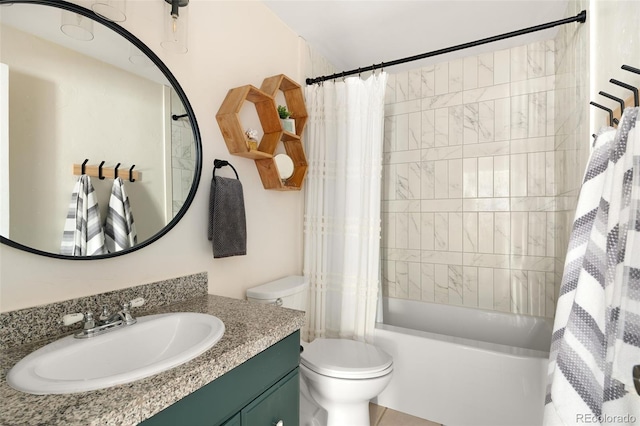 full bathroom featuring shower / bath combination with curtain, vanity, and toilet