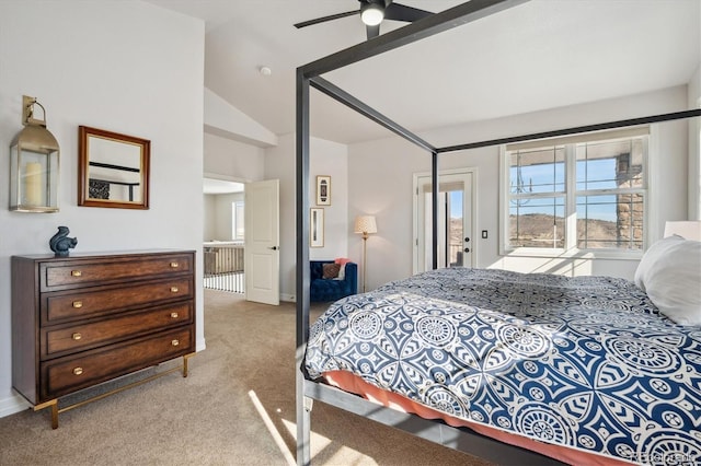 bedroom featuring a ceiling fan, access to outside, light carpet, and vaulted ceiling