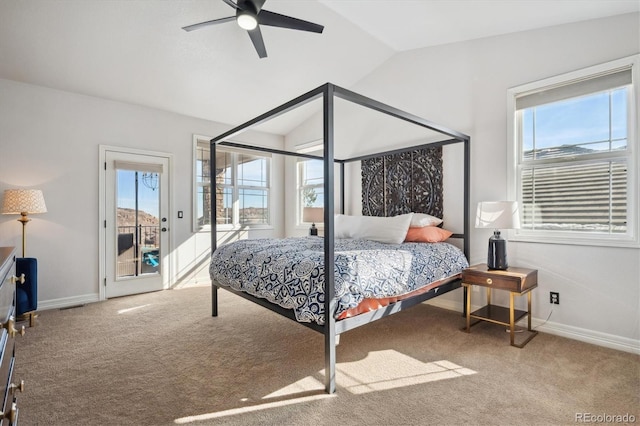 carpeted bedroom with access to exterior, lofted ceiling, baseboards, and a ceiling fan